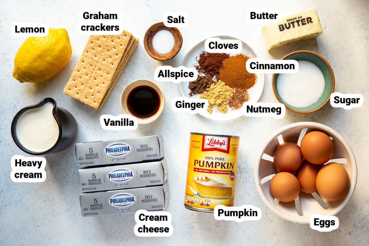Labeled ingredients for pumpkin cheesecake.