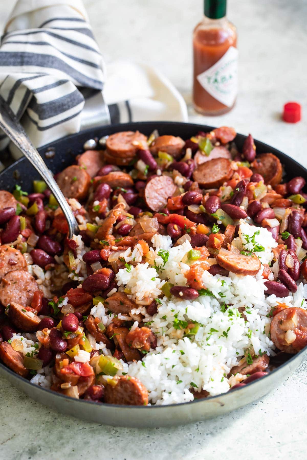 Red beans and rice in a frying pan.