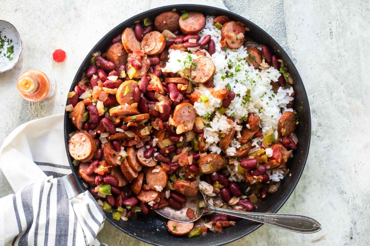 Red beans and rice in a frying pan.