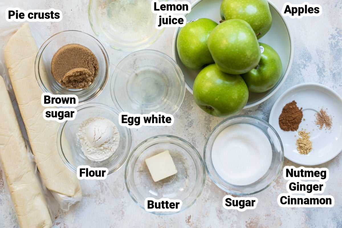 Labeled ingredients for apple pie.