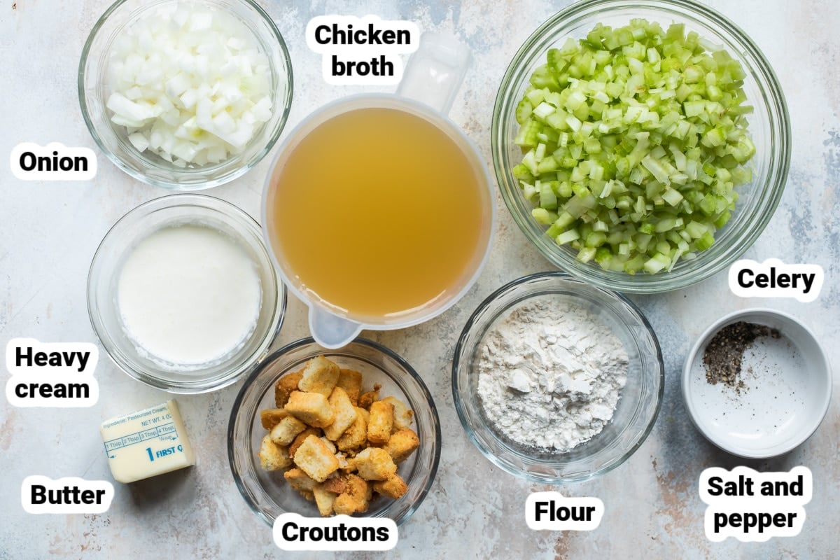Labeled ingredients for cream of celery soup.