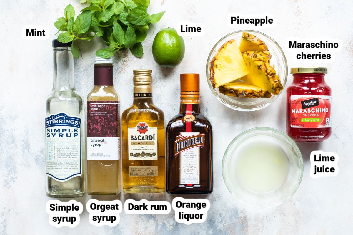 Labeled ingredients for Mai Tai cocktails.