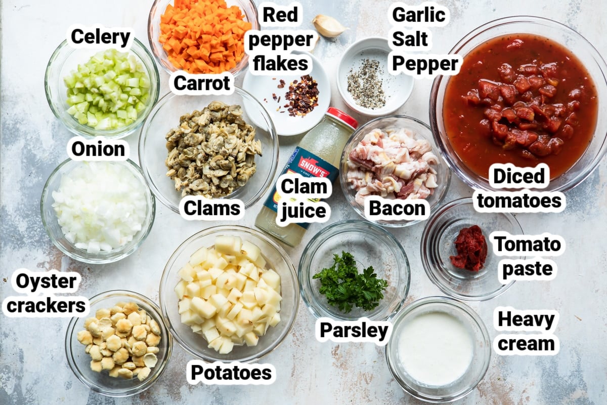 Labeled ingredients for Manhattan Clam Chowder.