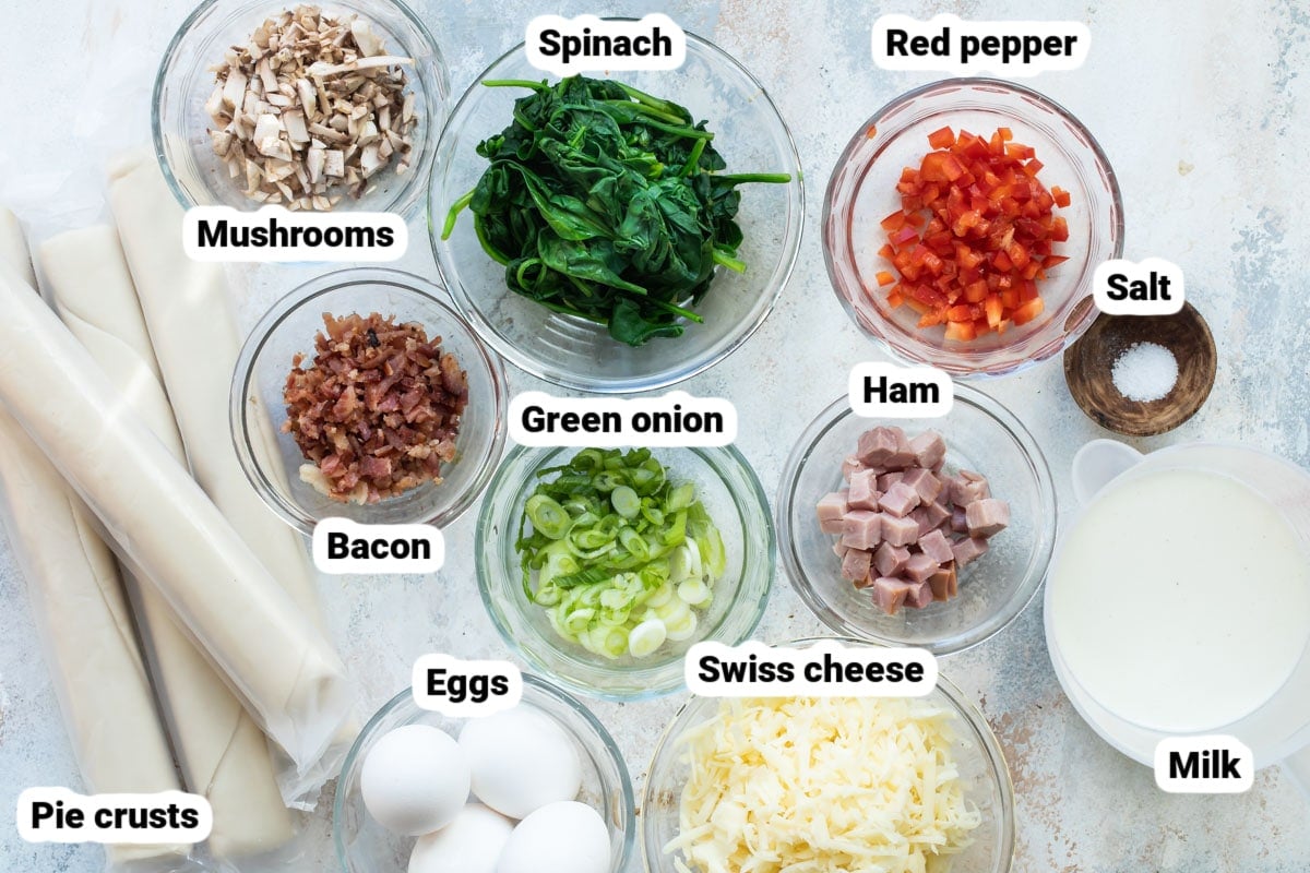 Labeled ingredients for mini quiche 4 ways.