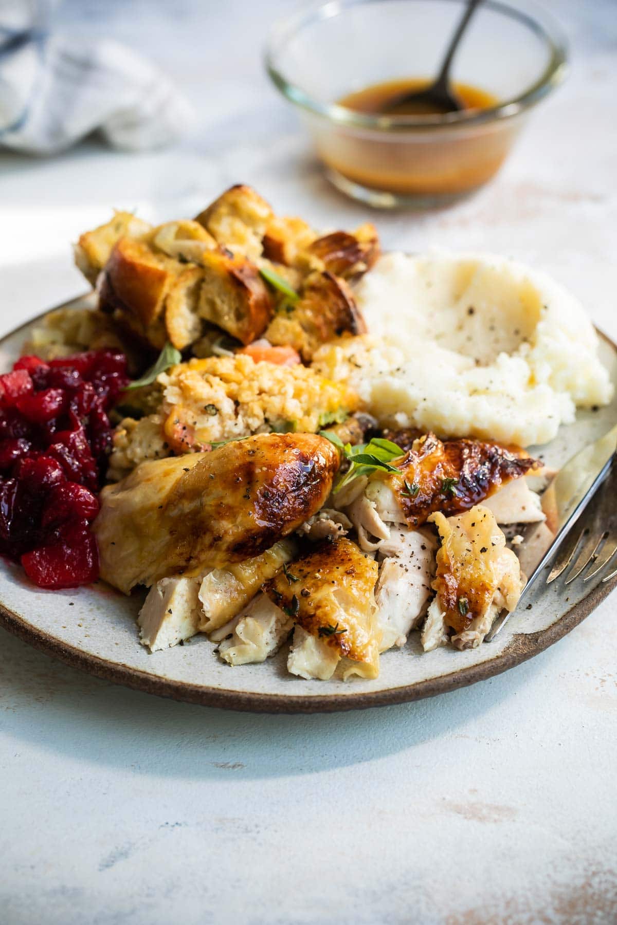 A plate of roasted Cornish hen, mashed potatoes, stuffing, vegetable casserole, and cranberry sauce.