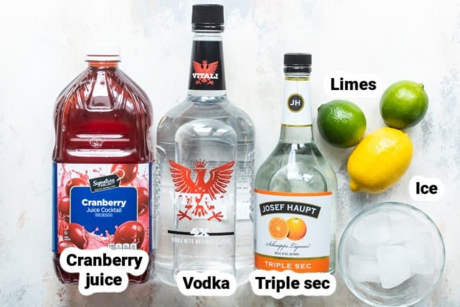 Labeled ingredients for a Cosmopolitan.