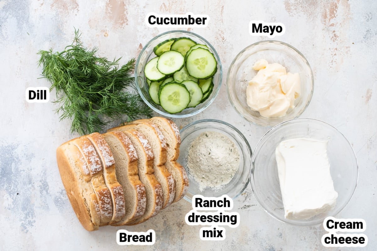 Labeled ingredients for cucumber sandwiches.