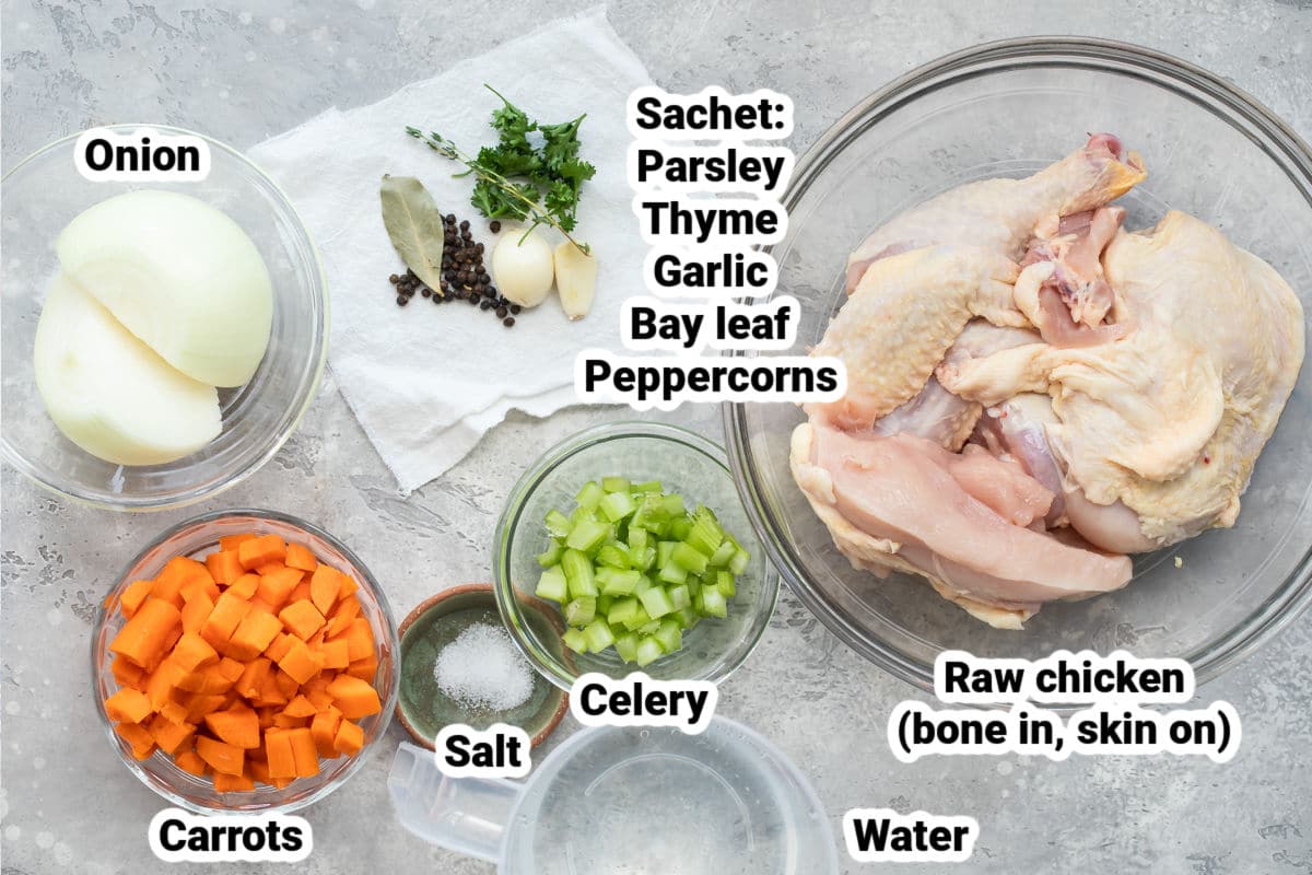 Labeled chicken broth ingredients in bowls.