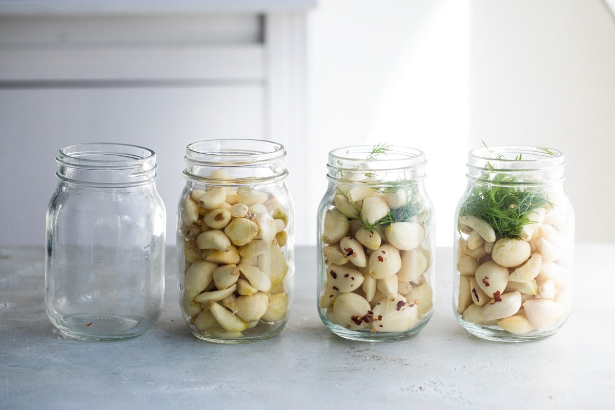 Jars of pickled garlic.