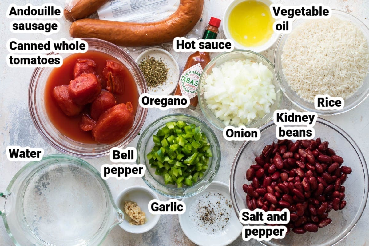 Labeled ingredients for red beans and rice.