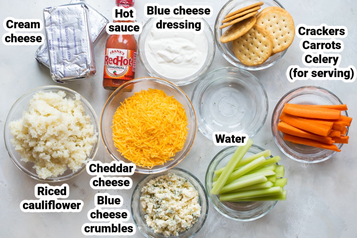Labeled ingredients for cauliflower buffalo dip.
