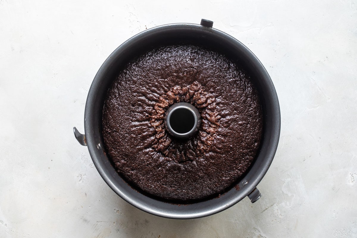 Chocolate cake in a tube pan.