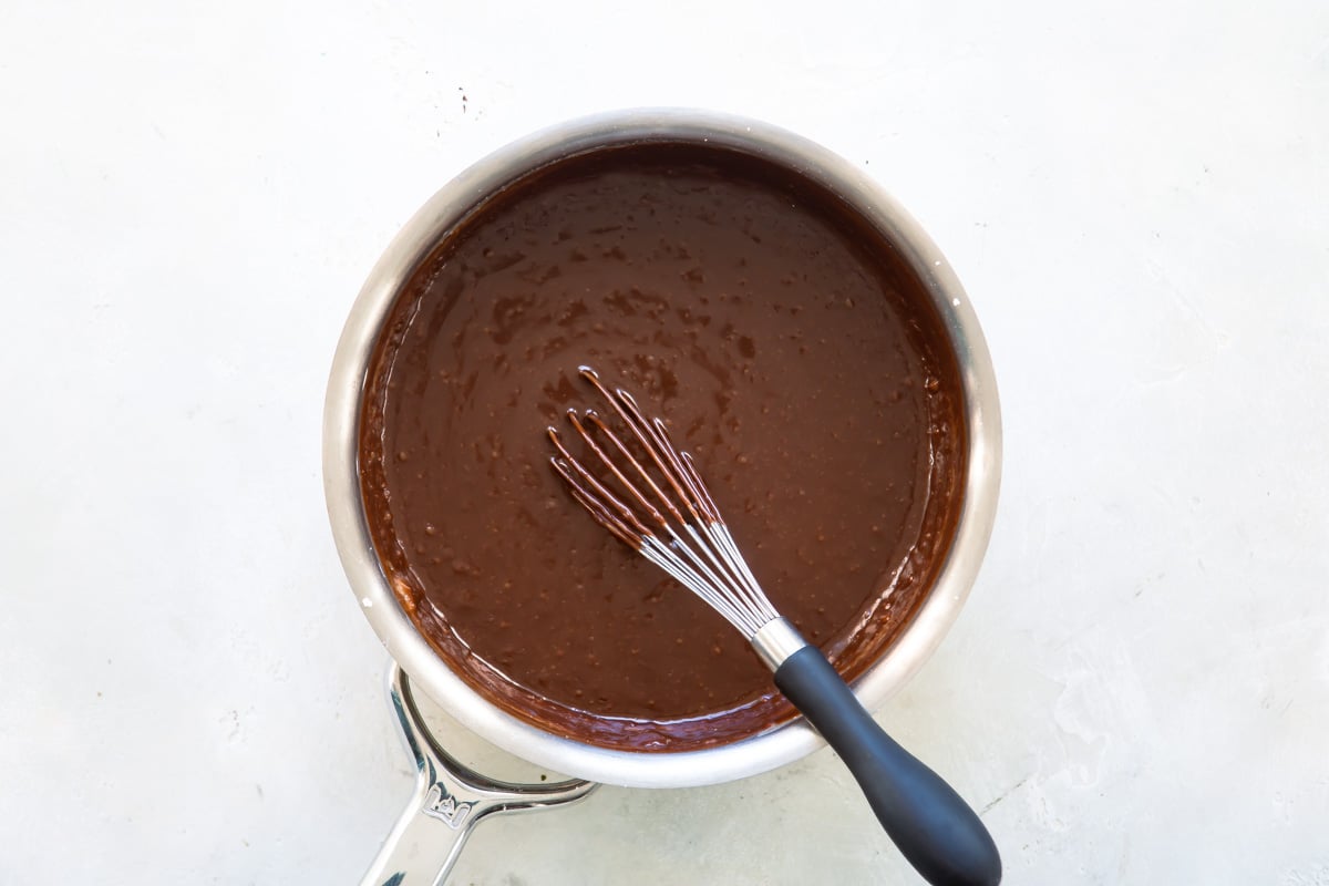 Chocolate glaze in a silver saucepan.