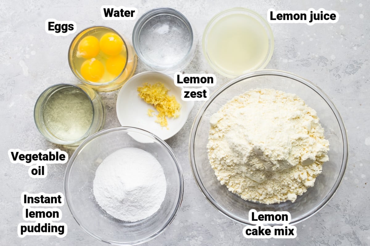 Labeled ingredients for lemon bundt cake.