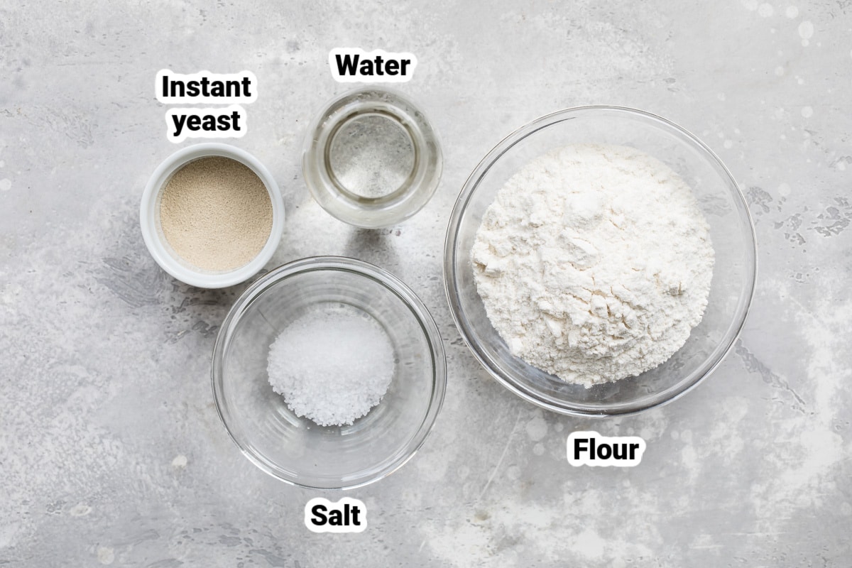 Labeled ingredients for No-Knead Bread.