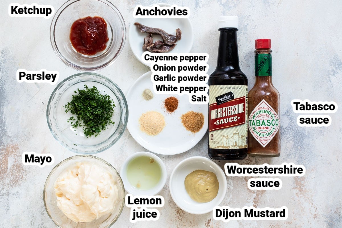 Labeled ingredients for remoulade sauce.