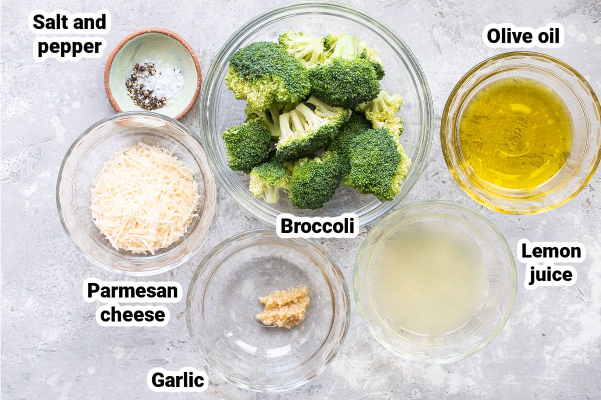 Labeled ingredients for roasted broccoli with lemon and parmesan.