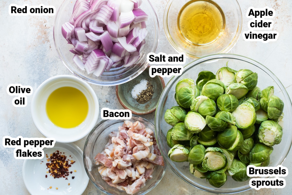 Labeled ingredients for Roasted Brussels Sprouts with Bacon.