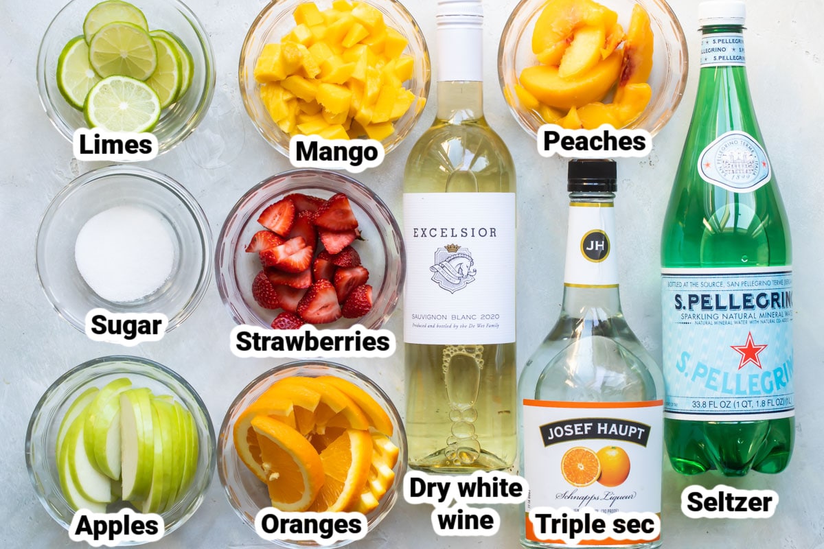 Labeled ingredients for white sangria.