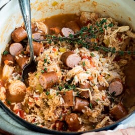 Wisconsin style jambalaya in a Dutch oven.