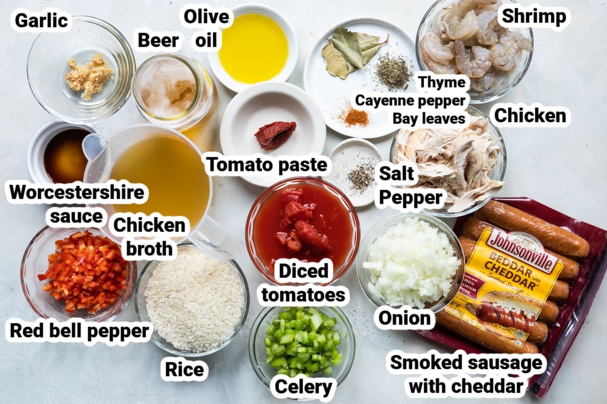 Labeled ingredients for Wisconsin-Style Jambalaya.