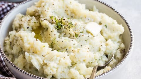 A bowl of Cauliflower mashed potatoes.