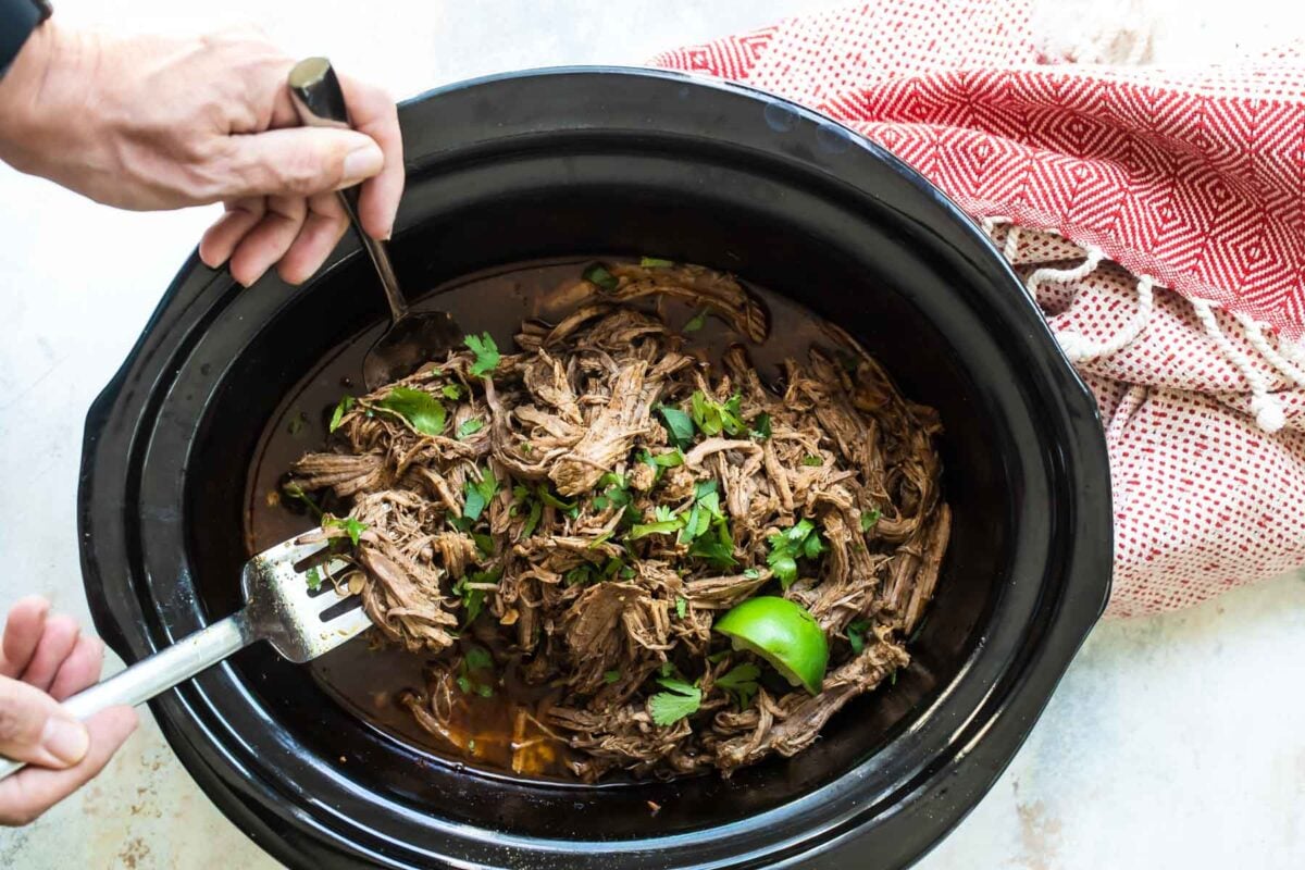 Chipotle copycat Barbacoa beef in a slow cooker.