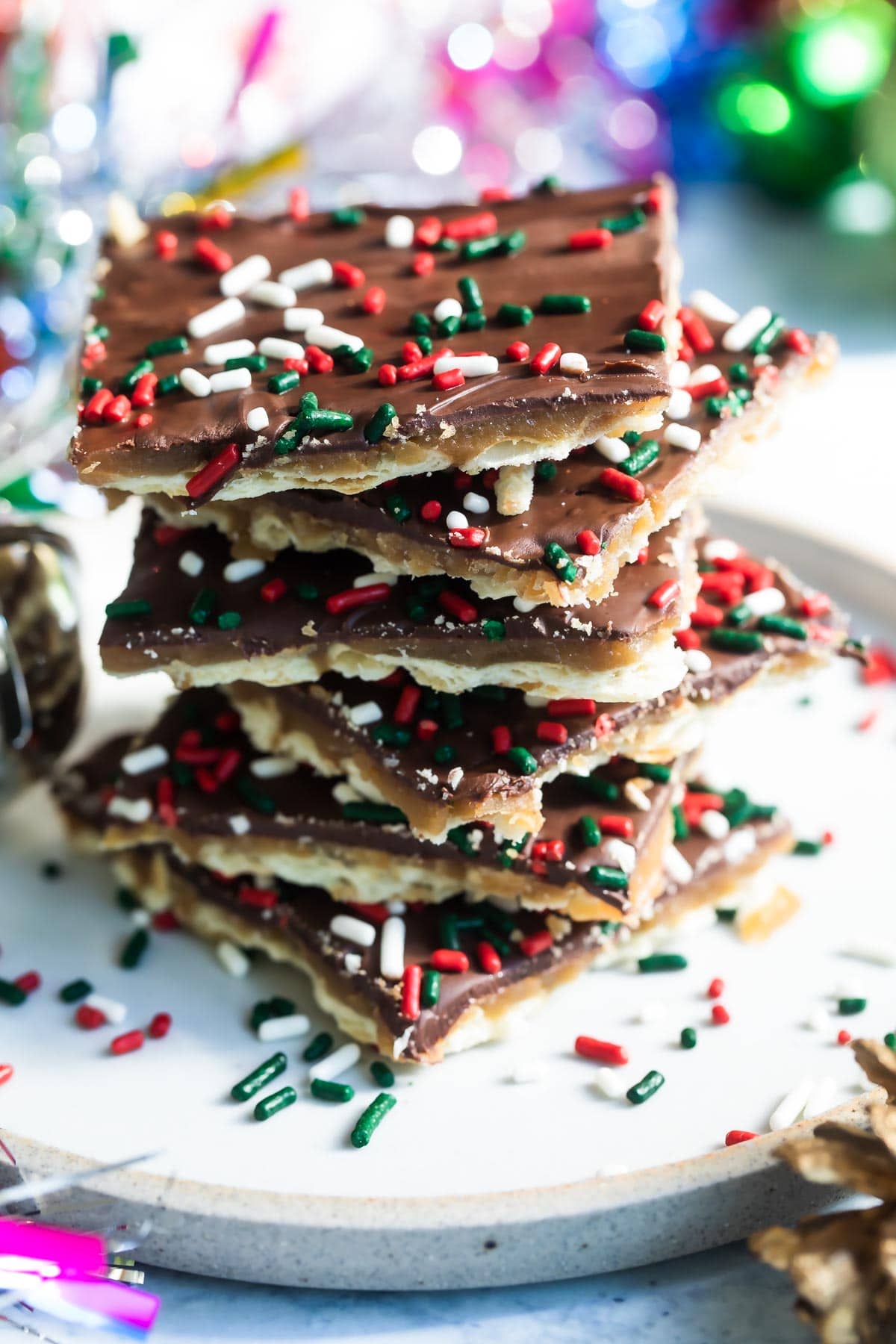 A stack of Christmas Crack on a gray plate.