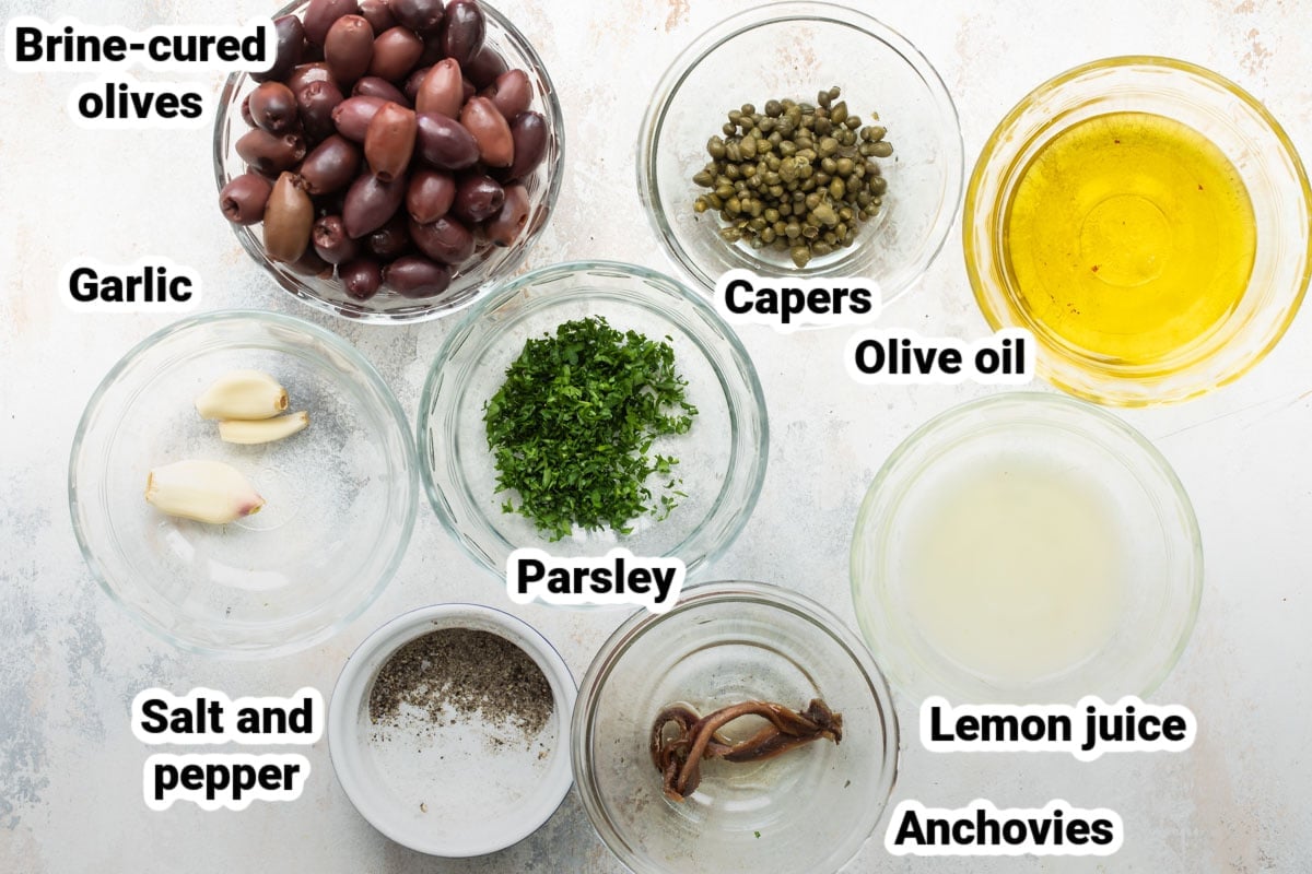 Labeled ingredients for olive tapenade.