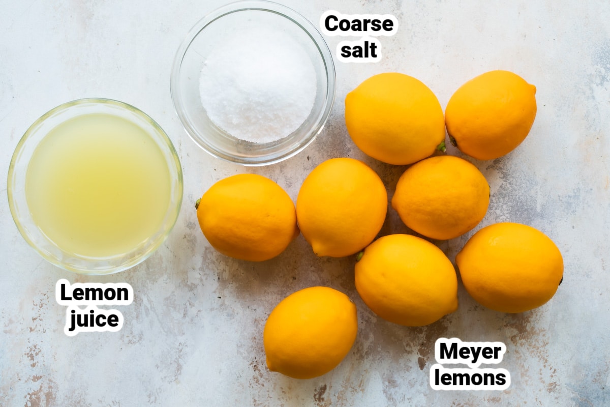 Labeled ingredients for preserved lemons.