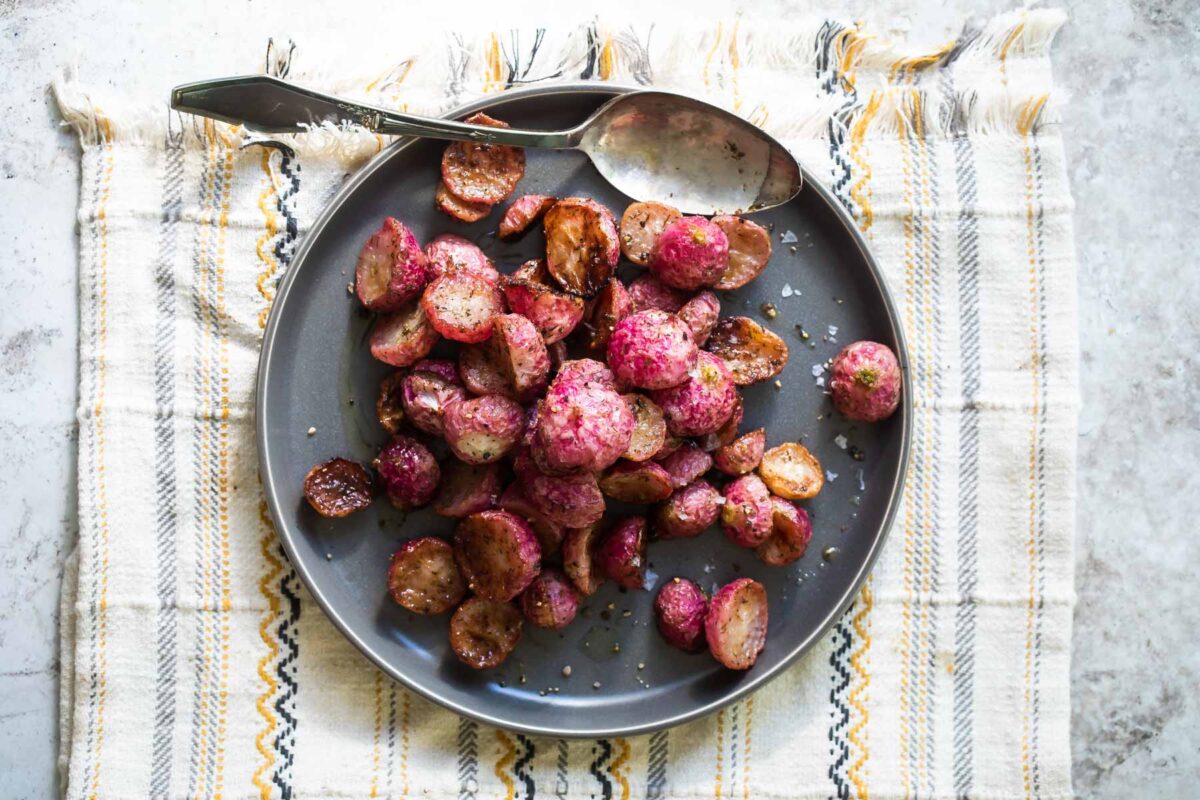 A plate of roasted radishes.