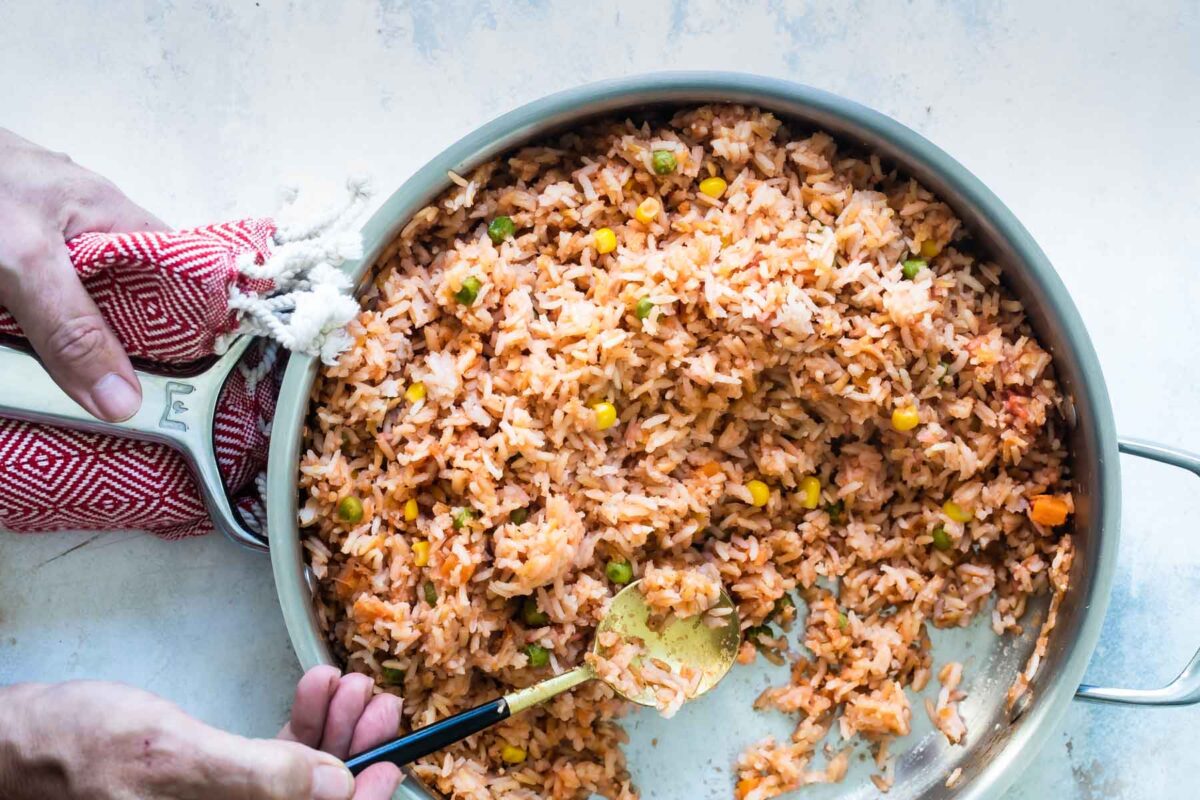 A skillet with Spanish rice.