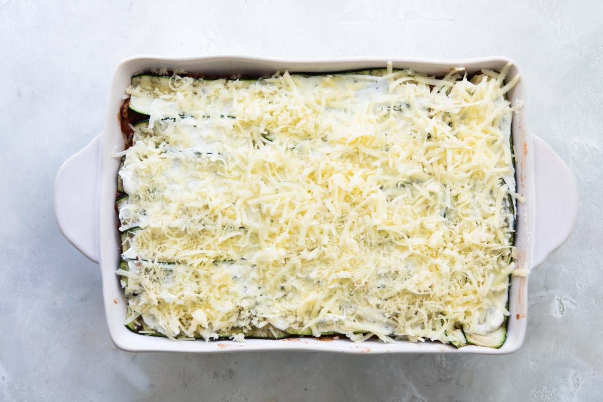 A baking dish of Zucchini Lasagna before being baked.
