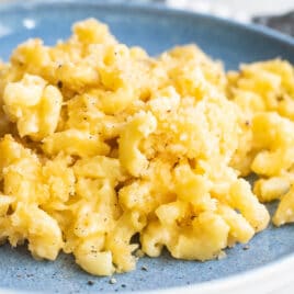 A plate of macaroni and cheese.