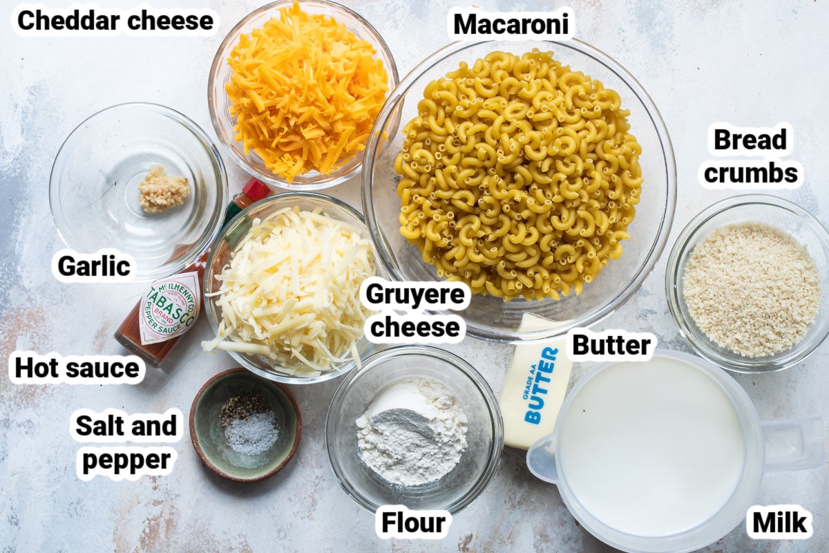 Labeled ingredients for baked mac and cheese.
