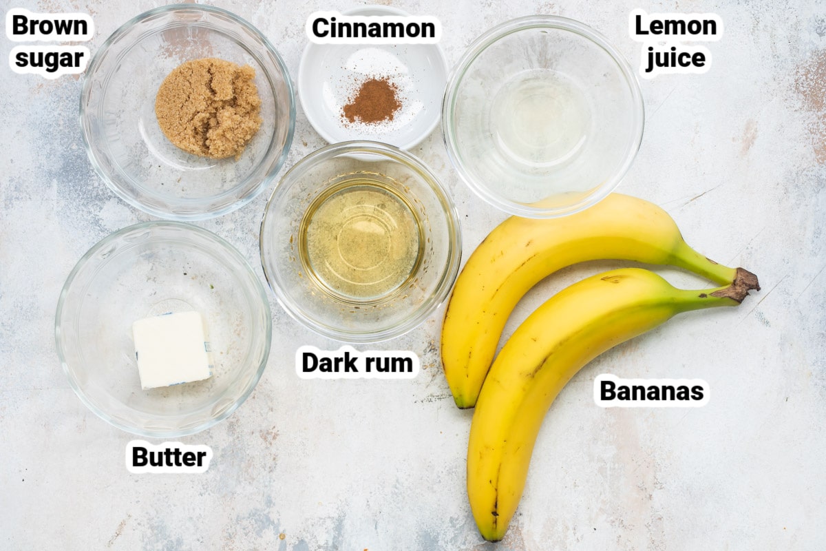 Labeled ingredients for bananas foster.