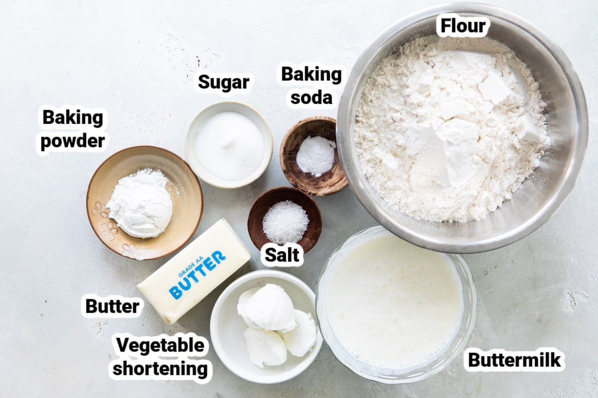 Labeled ingredients for buttermilk biscuits.