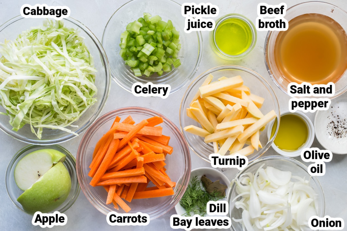 Labeled ingredients for cabbage soup.