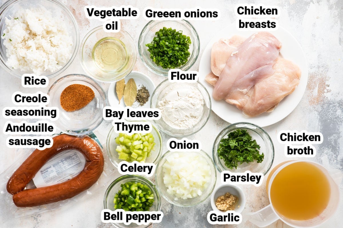 Labeled ingredients for chicken gumbo.