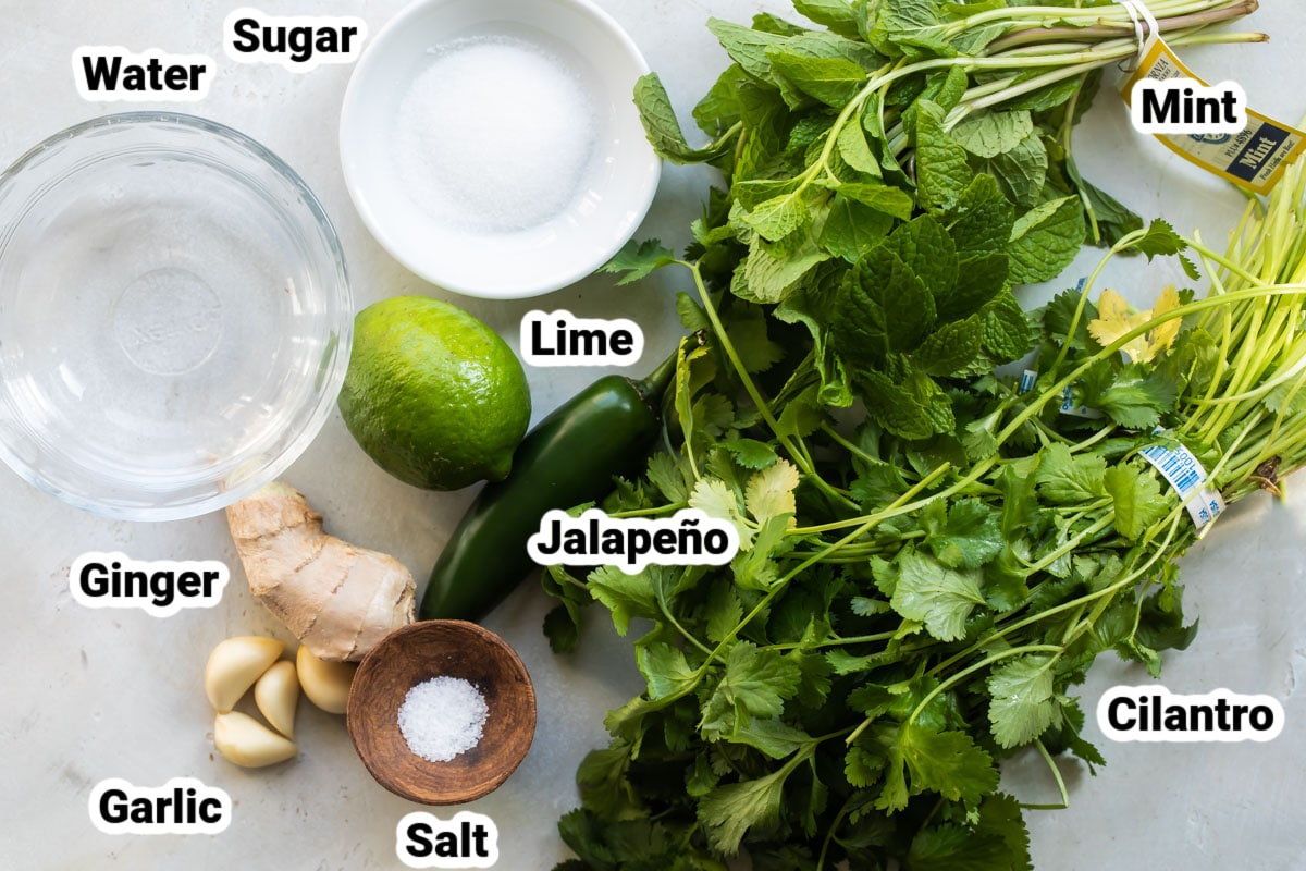 Labeled ingredients for cilantro mint sauce.