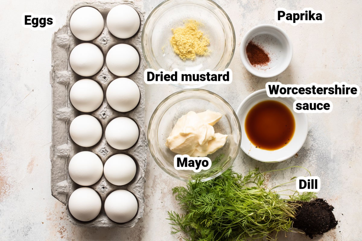 Labeled ingredients for deviled eggs.