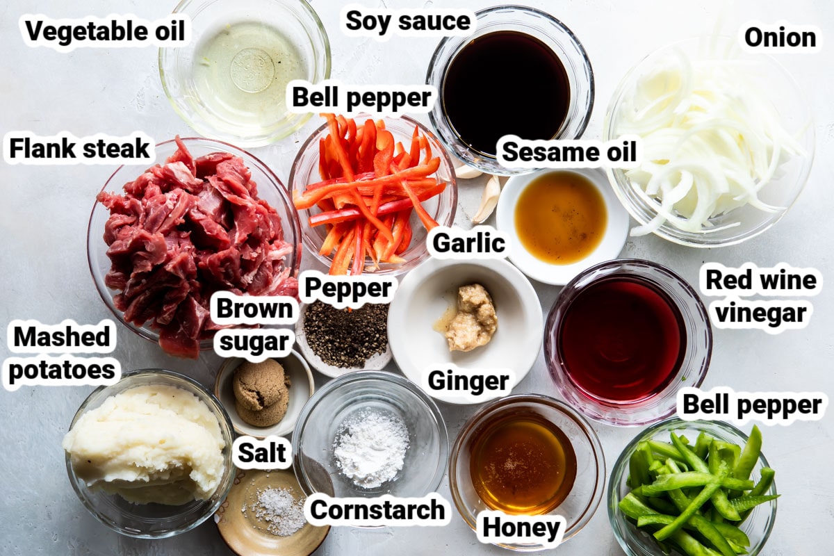 Labeled ingredients for Midwest pepper steak.