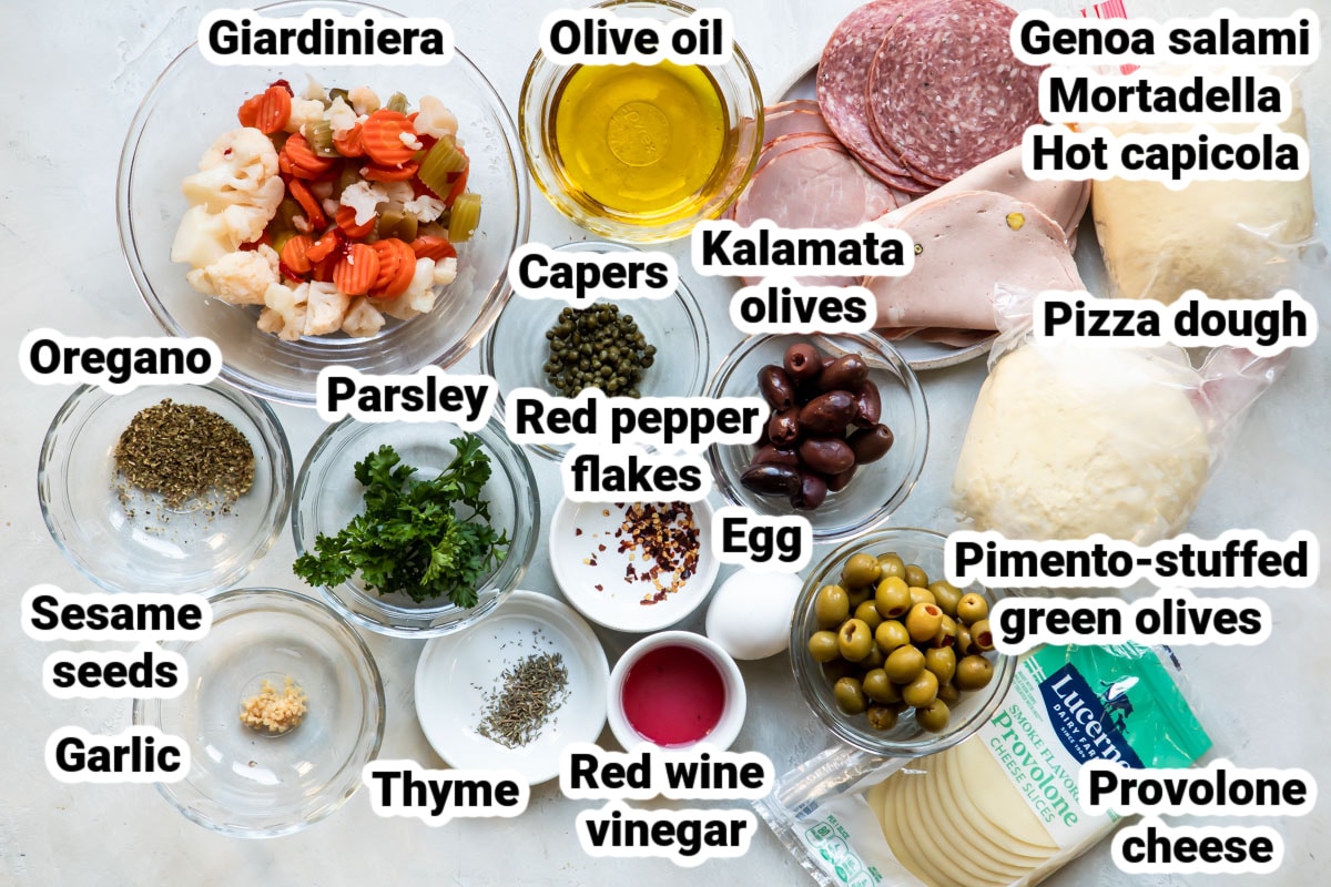 Labeled ingredients for muffaletta.
