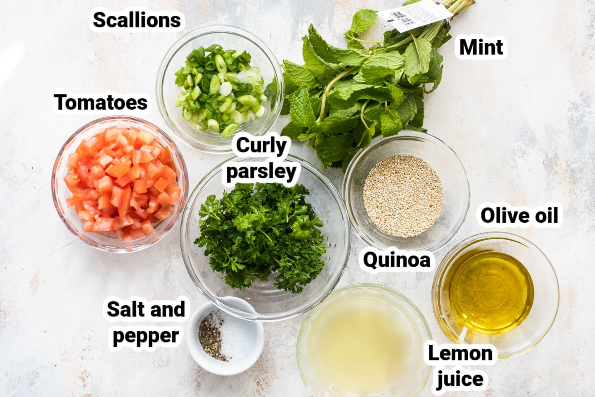 Labeled ingredients for quinoa tabbouleh.