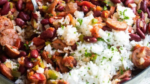 Red beans and rice in a skillet.