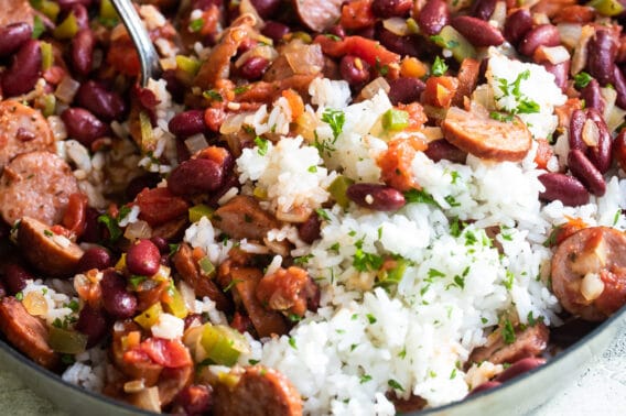 Red beans and rice in a skillet.