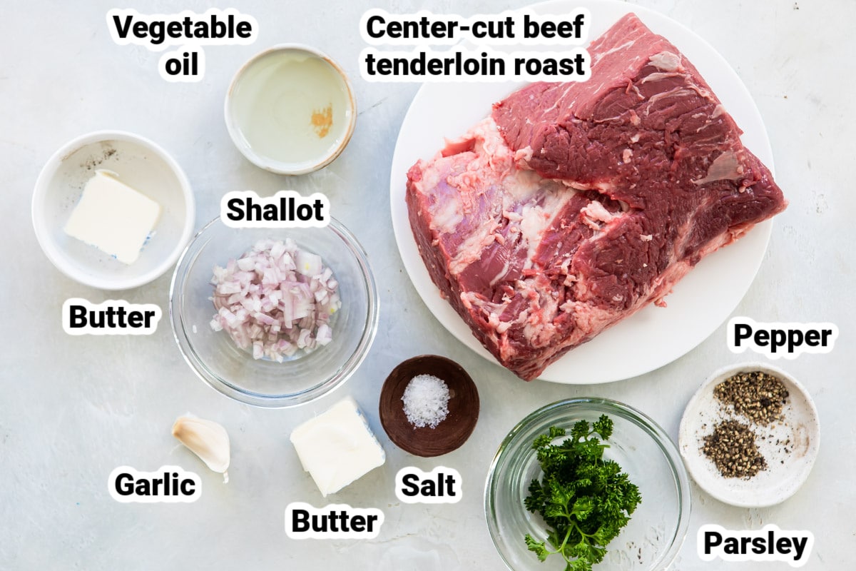 Labeled ingredients for roast beef tenderloin.