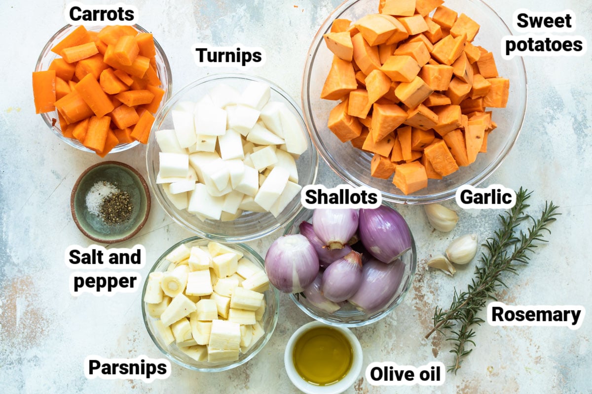 Labeled ingredients for roasted root vegetables.