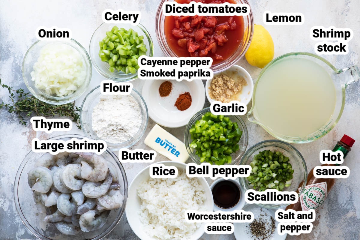 Labeled ingredients for Shrimp Étouffée.