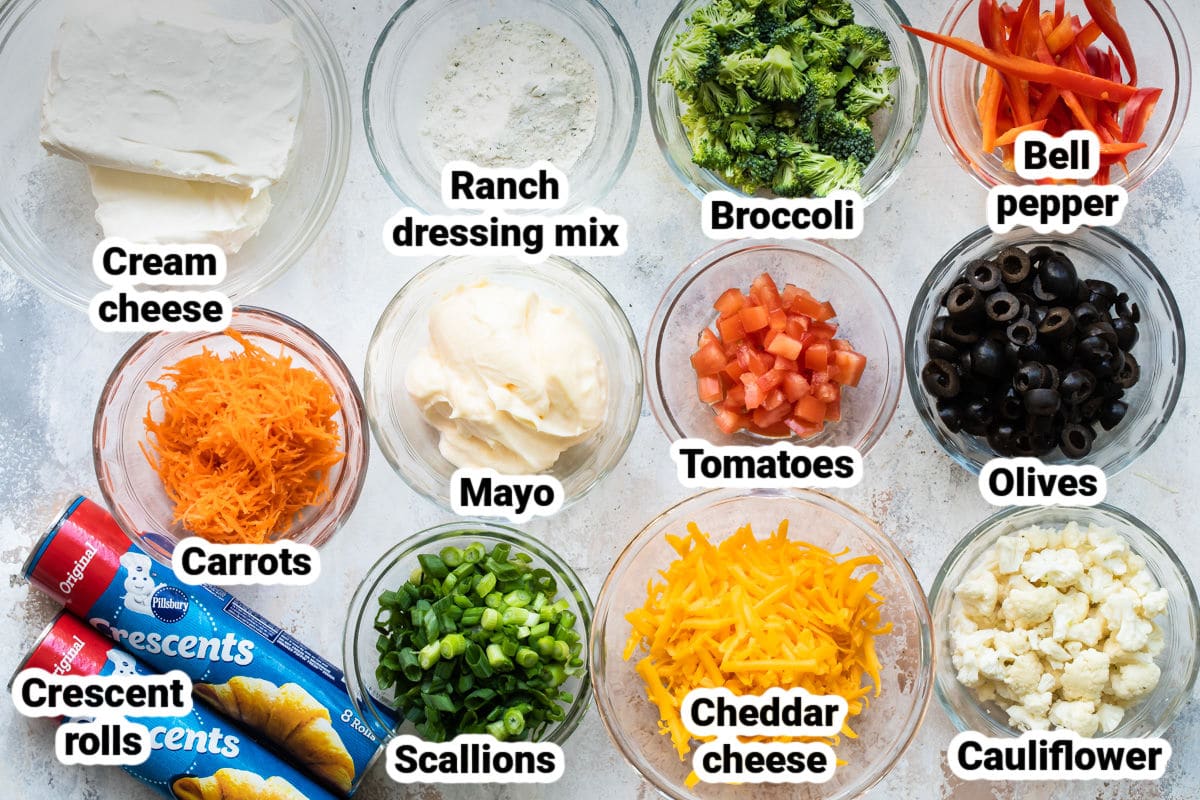 Labeled ingredients for veggie pizza.